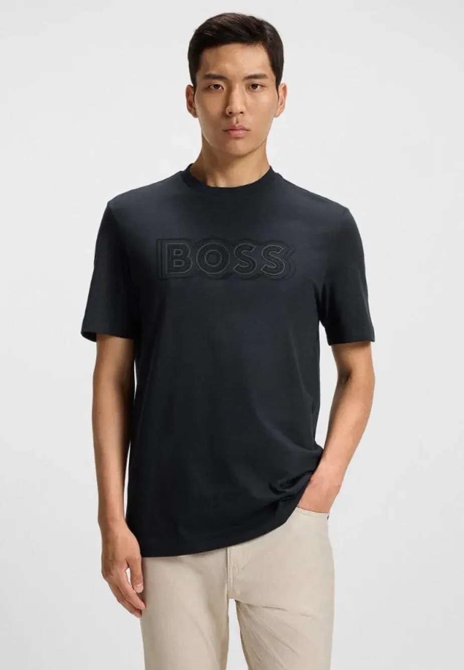 HUGO BOSS Men's Logo-Artwork T-Shirt In Cotton Jersey Size L In Dark Blue